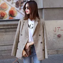 Высокое качество клетчатый Ретро Модный женский костюм повседневный пиджак кофейный цвет Досуг двубортный пиджак