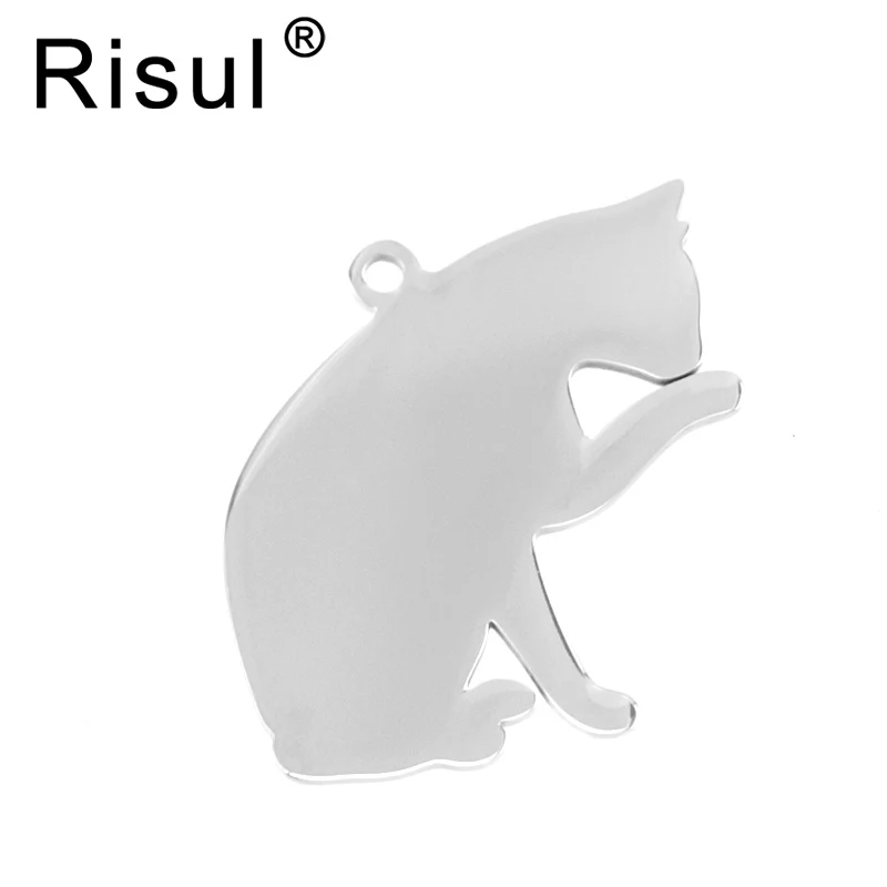 

Risul a Licking paw cat Stainless steel Pendant cat pet ID blank dog tag for print Mirror polish 10pcs