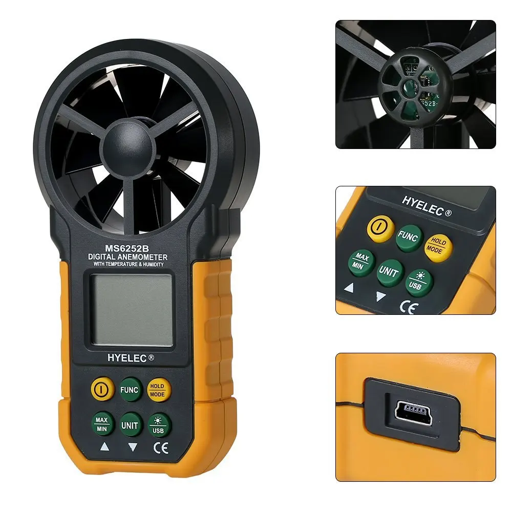 

Digital Anemometer Wind Speed Air Volume Humidity Measurement Tester Backlight Display Support USB Real Time