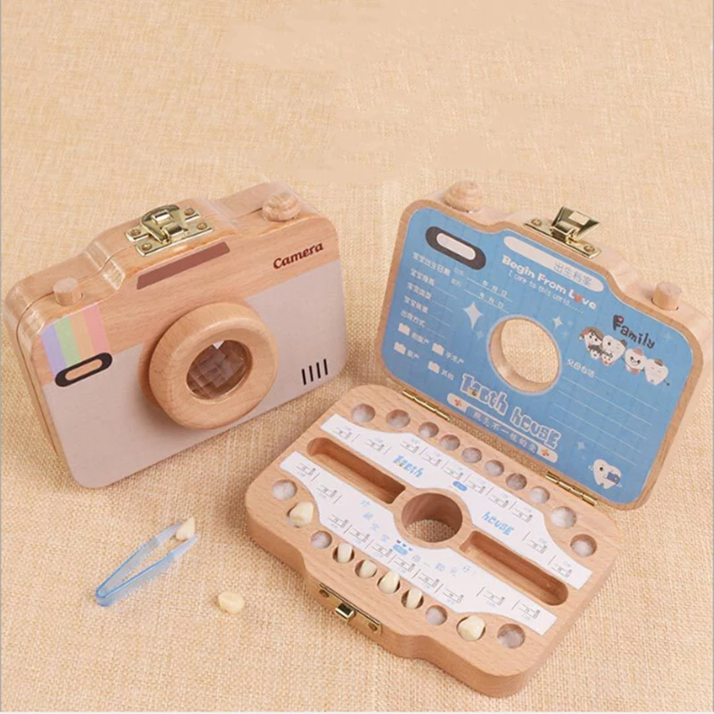  Children Camera Shape Tooth Teeth Storage Box Wooden for Baby Save Milk Teeth Gifts for Infant Kids