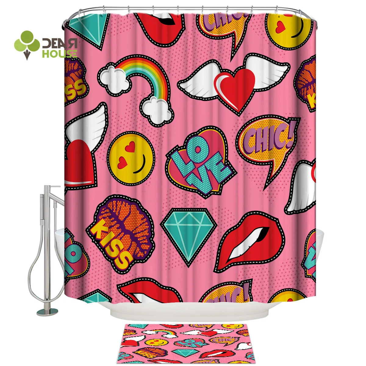 

Dearhouse Icon Rainbow Expression On Pink Background Shower Curtain Bath Sets With Rugs Bathroom Accessory Sets Waterproof