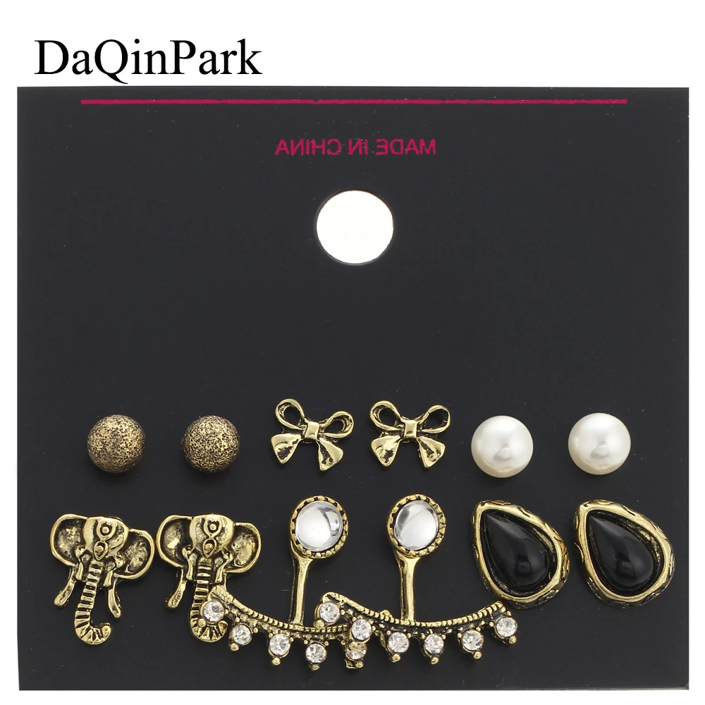 

Stud Earrings Newest Fashion Simulated Pearl Stud Earring Elephant Rhinestone Bowknot Retro Vintage Punk Ethnic Earrings Set