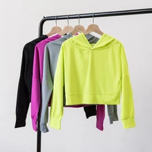 Спортивная женская рубашка для йоги, одноцветная короткая куртка с капюшоном и открытой спиной, Фитнес-тренировка, бег, Быстросохнущий дышащий Топ, повседневный