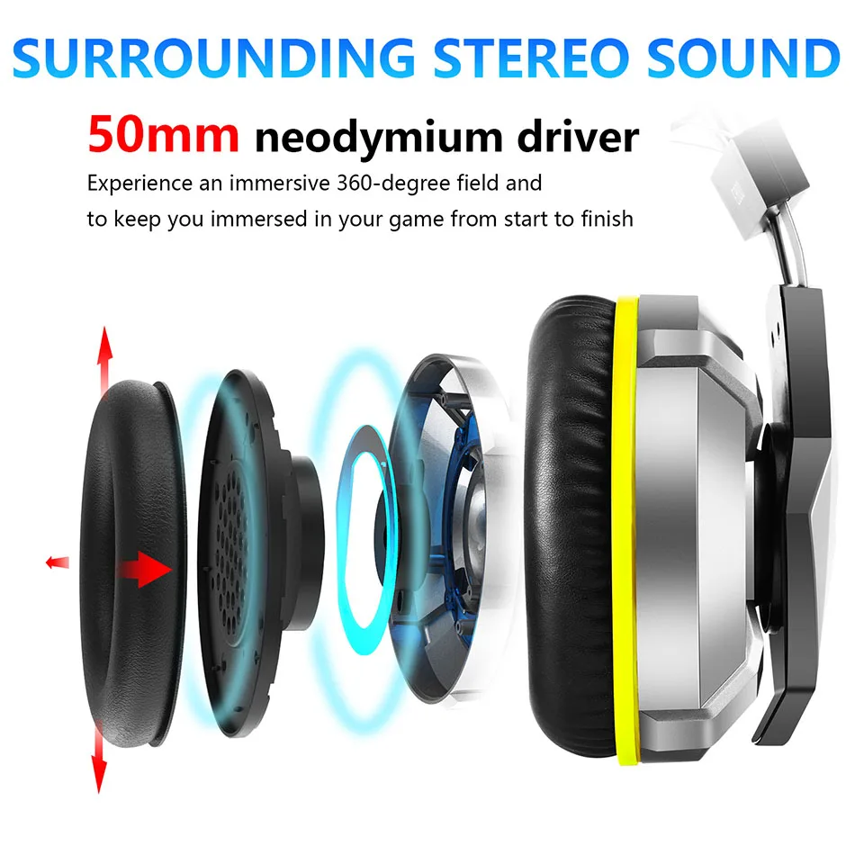 Günstig EKSA E800 Gamer Headset Weiche Ohrpolster Über Ohr Gaming Headset Blau Gelb Kopfhörer Mit Drehen Mic LED Licht Für PS4 PC Xbox