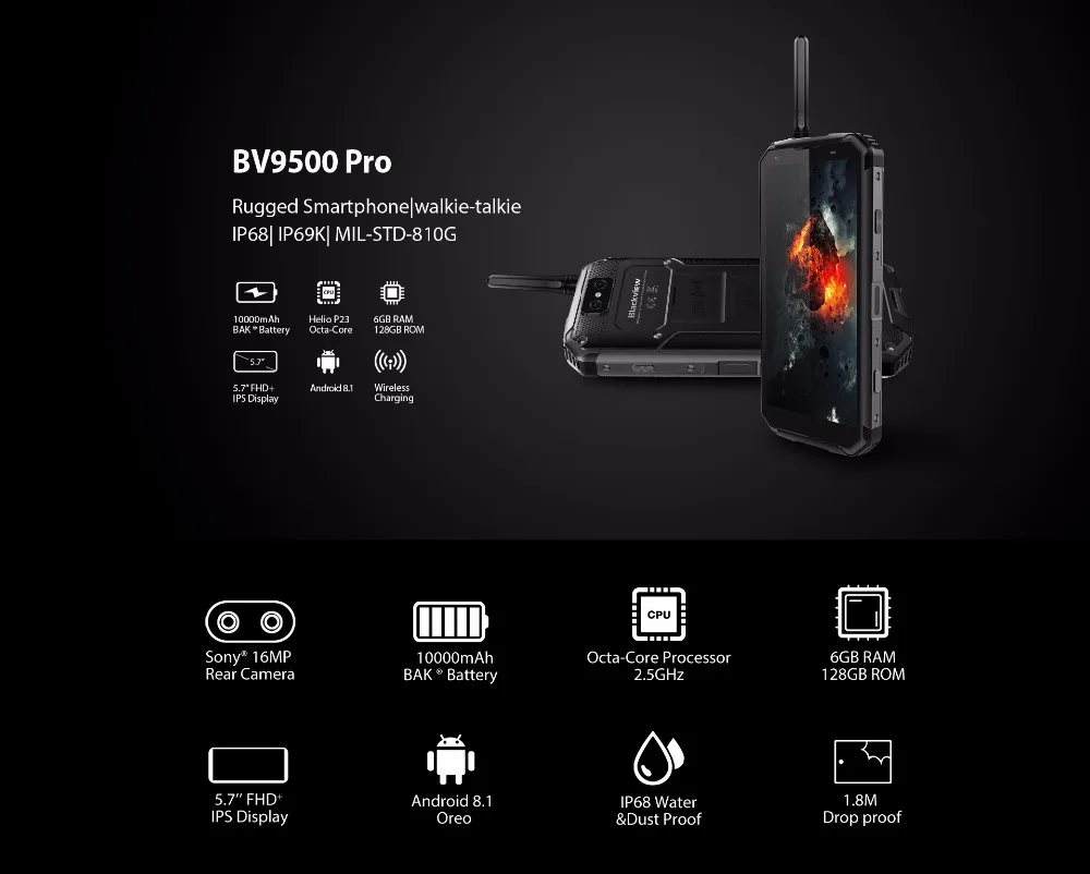 Blackview BV9500 Pro Waterproof Walkie Talkie Smartphone 6GB RAM 128GB ROM Octa Core 5.7\