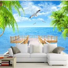 3d стены тканью китайский шелк Пользовательские Фото Фреска Средиземноморский кокосовой пальмой Чайка пейзаж домохозяйство 3 d принтом ткань