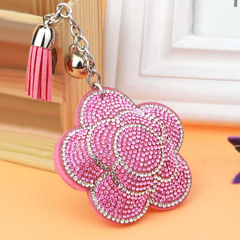 Valentine's Day Flower Keychain Tassel Leather Crystal Trinket Key Chain For Holder Purse Car Bag Pendant Handbag Ring Keychains