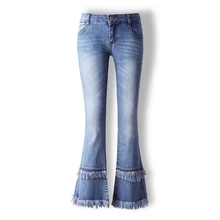 Высокая уличная женская одежда осень Горячая Распродажа Бриллиантовая пуговица расклешенные брюки модные синие узкие джинсы с кисточками для девочек
