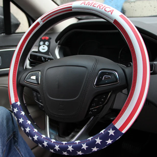 American US Flag Car Steering Wheel Cover Micofiber Leather Steering