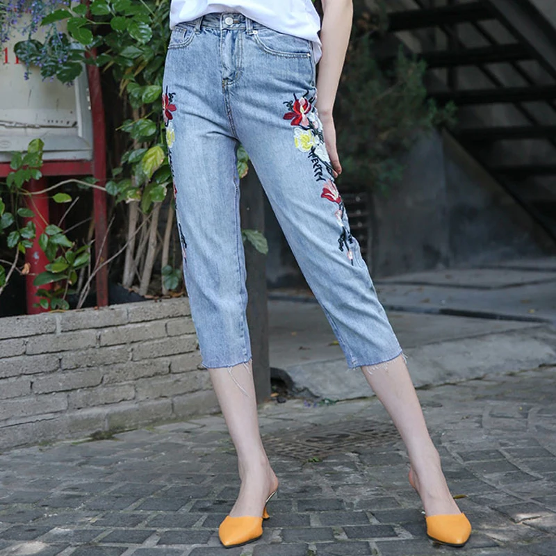 Spring Flower Embroidery Denim Jeans For Women Straight Plus Size Long Pants Natural Waist Ladies Trousers Casual A-027 |