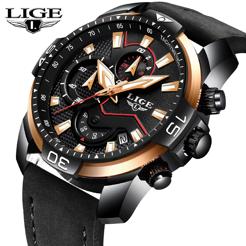 

LIGE Top Luxury Brand Mens Watches Casual Fashion Sport Leather Waterproof Watch Men Chronograph Male Clock Relogio Masculino