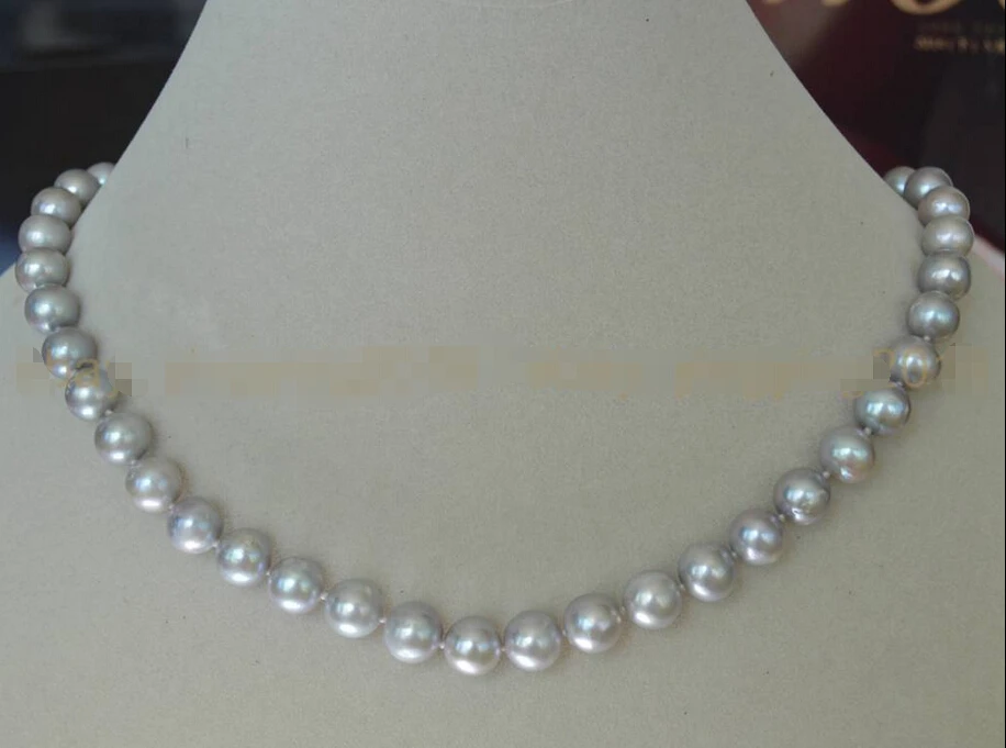 

Real Natural South Sea Silver Gray Pearls Necklace 9-10mm Solid Silver Clasp AA^^^@^Noble style Natural Fine jewe FREE SHIPPING