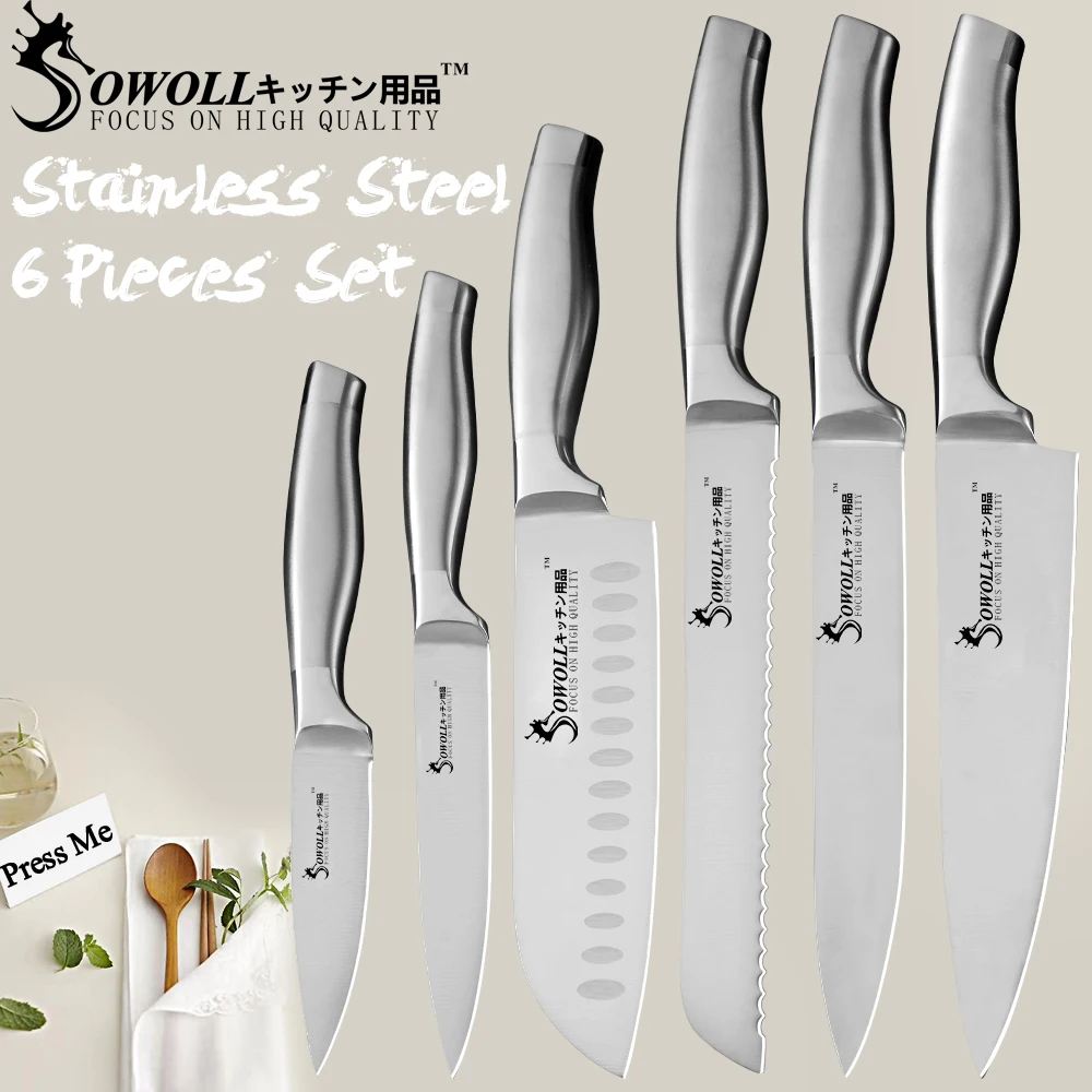 

SOWOLL Kitchen Knife 6 Pcs Set Stainless Steel Knife Chef Light Weight Handle Seamless Welding Cooking Accessories New Arrival