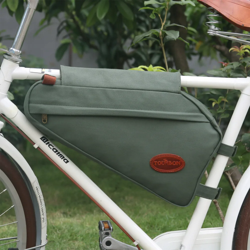 Flash Deal Tourbon Vintage Bike Frame Tube Triangle Bag Bicycle Pouch Backpack Zippered Green Waxed Canvas Waterproof Cycling Accessories 3