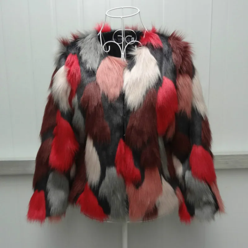 

Faux Fox Fur Coat Red Camouflage Faux Mink Fur Jacket Hit Color Fur Grass Bomber Mixed Color Mink Fur Cardigan Outwear Tops 2018
