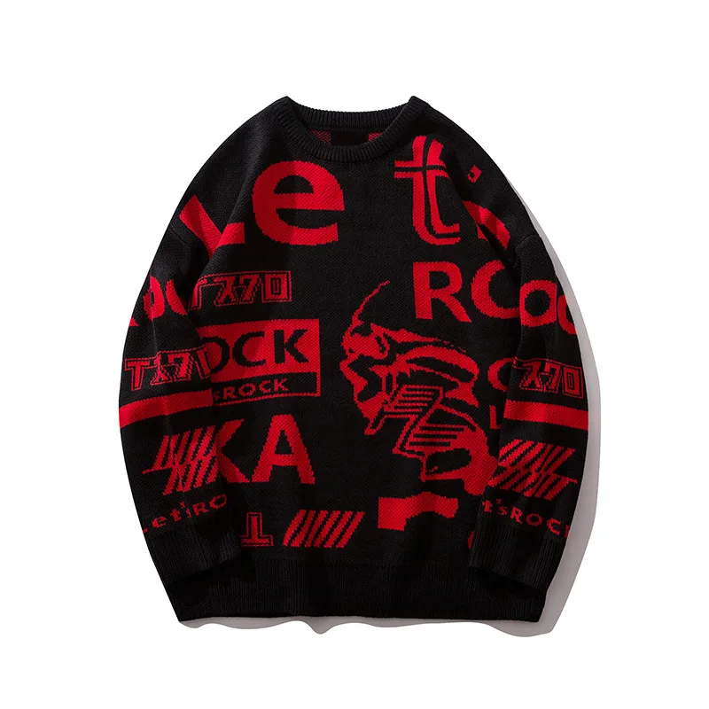 Dark Icon Letter Round Neck Hip Hop Sweater Men Autumn Winter Pullover Men’s Sweaters Loose Sweater Men - Цвет: red sweater