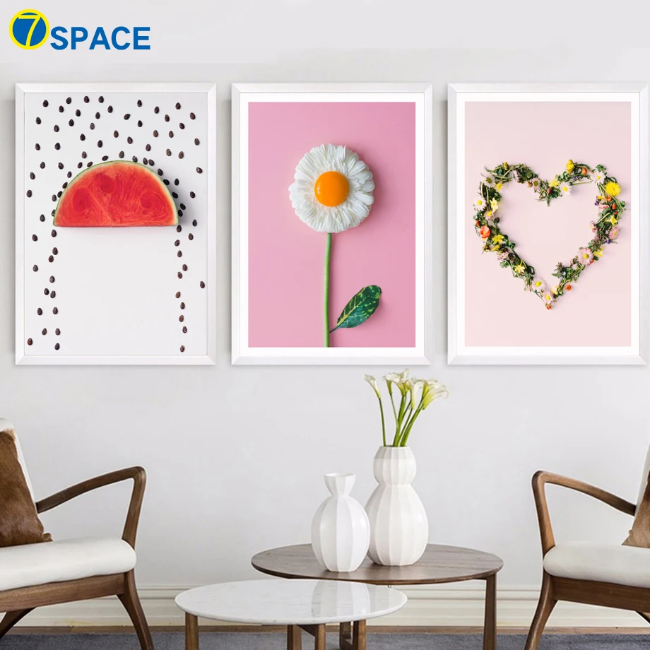 

Creative Daisy Flower Watermelon Heart Nordic Posters And Prints Wall Art Canvas Painting Wall Pictures For Living Room Decor