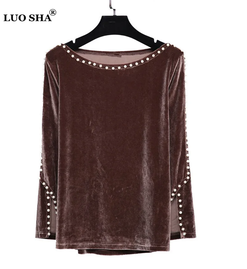 LUO SHA размера плюс, женские блузки, бисероплетенный бархатный топ, Женские топы и блузки с длинным рукавом, велюровая блузка, женская рубашка