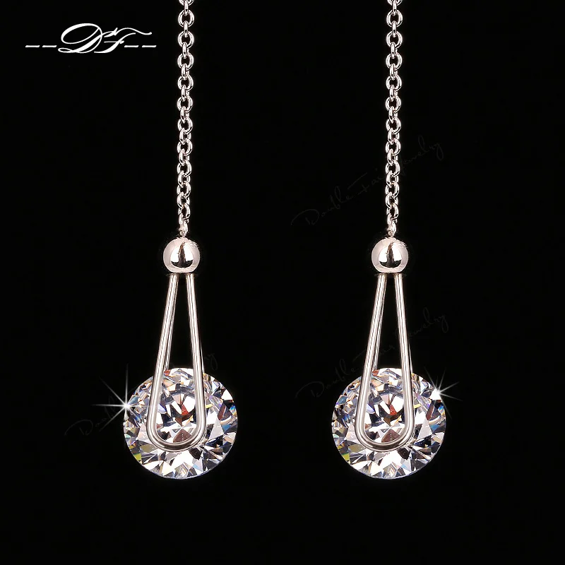 

Double Fair 2 Carat AAA+Cubic Zirconia Drop/Dangle Line Earrings Silver/Rose Gold Color Long Chain Ear Jewelry For Women DFE684