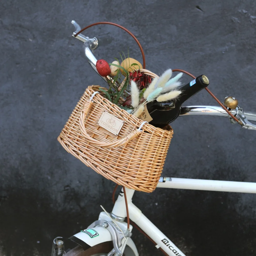 

Tourbon Bicycle Basket Vintage Wicker Bike Handlebar Front Bag Storage Pouch for Shopping Cycling Commuting Accessories