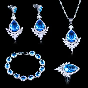 

Trendy Sky Blue Cubic Zirconia Silver Color Jewelry Sets For Women Jewelry Earrings Bracelet Necklace Ring Free Box