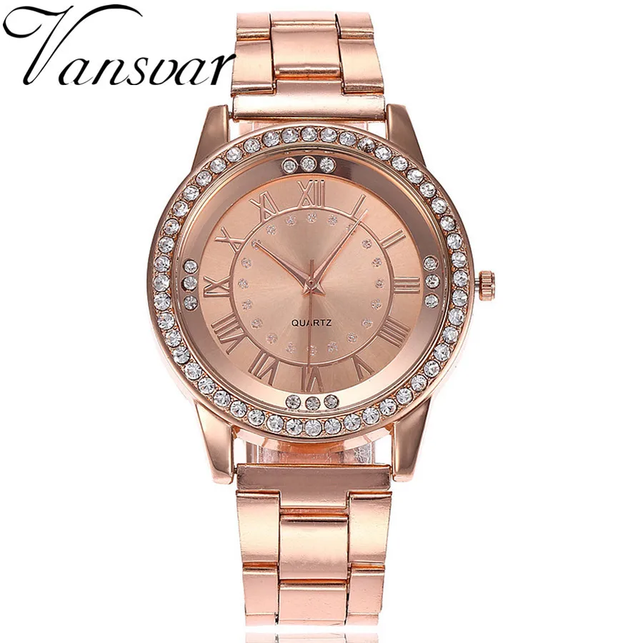 

Vansvar Brand Rose Gold Watch Luxury Women Dress Rhinestone Quartz Watch Casual Women Stainless Steel Wristwatches Female Clock