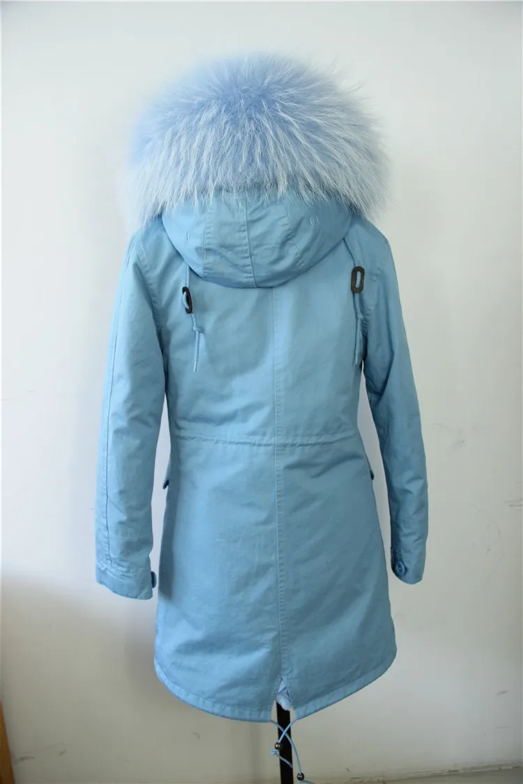 Высокое качество, бренд, новая зимняя куртка, пальто для женщин небесно-голубого цвета, Толстая теплая парка, настоящий большой мех енота, воротник с капюшоном