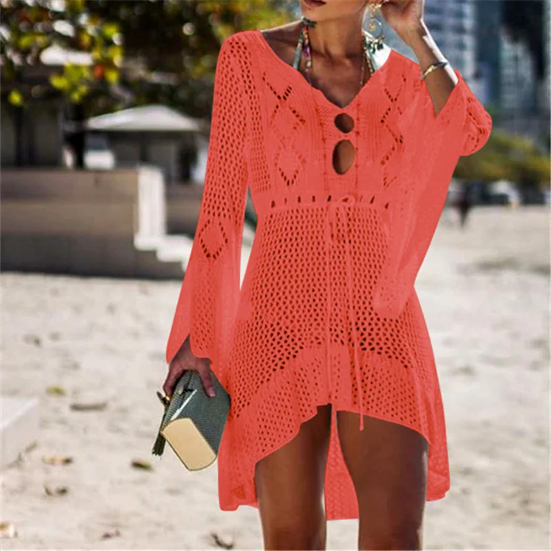 Women's Sexy Orange Crochet Tunic Cover-Ups