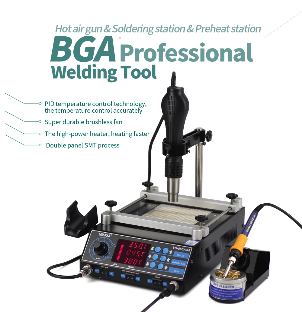 

Yihua 853AAA 650W SMD Hot Air Gun+ 60W Soldering Irons +500W Preheating Station 3 Functions in 1 Bga Rework Station