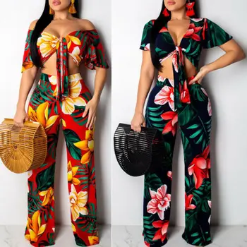 

New Fashion Hot Sale Women's Floral Print Clothes Sets V-neck Bandage Wrap-chest Crop Tops and High-waist Wide Leg Trousers S-XL