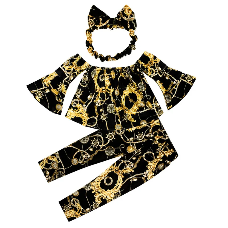 

Fashion Kids Girl Clothes Off shoulder Flare Sleeve Crop Tops Long Pant Headband 3PCS Outfits Floral Clothing Set for 2-7Y Girls