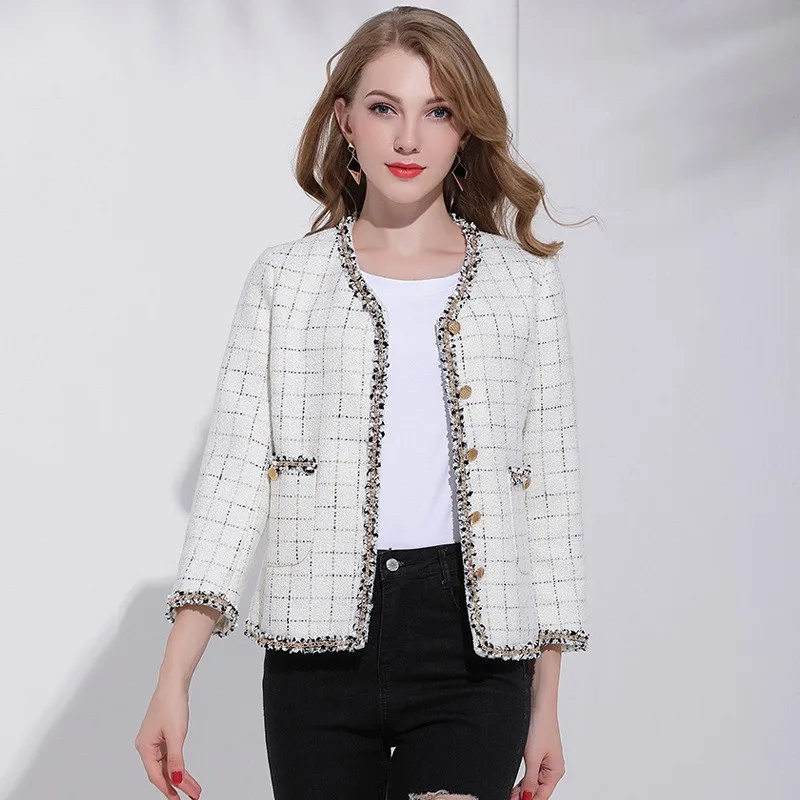 

Autumn Women Runway Tweed Jacket Office Ladies Chain Spliced Short Coat Elegant British Slim Fit Twill Plaid Chaqueta Mujer