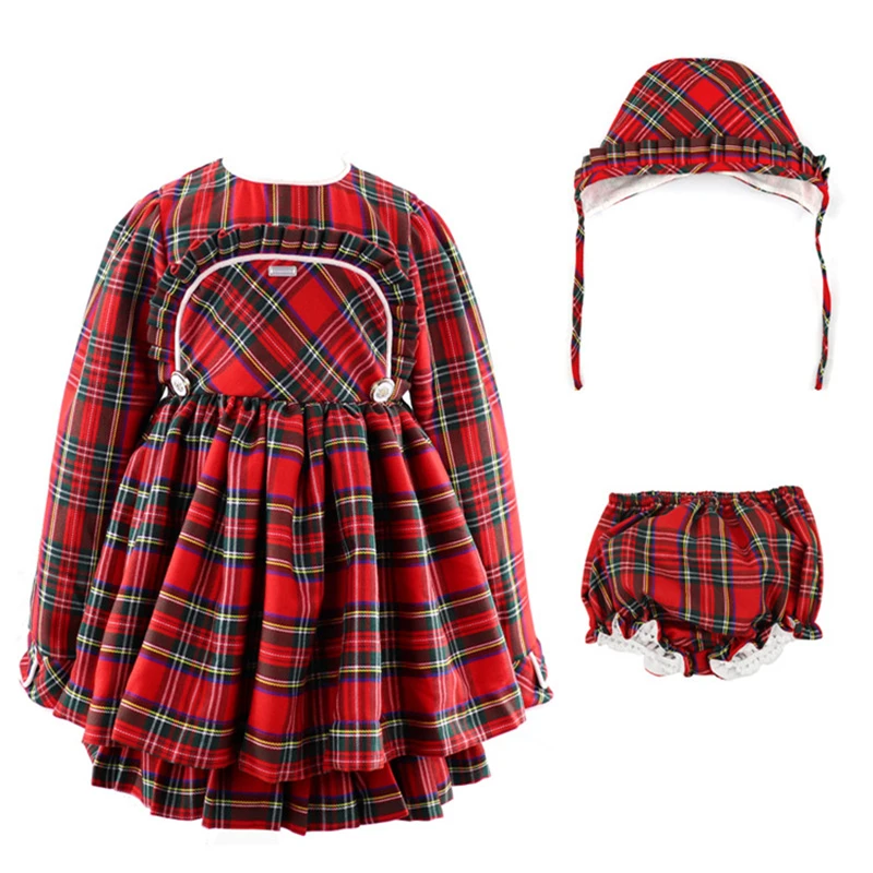 Испанское винтажное платье в шотландскую клетку с шапкой для маленьких девочек; комплект детской одежды в красную клетку; эксклюзивные платья для дня рождения; сезон осень-зима