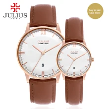 Свадебные часы для пары, ограниченная серия, корпус из нержавеющей стали, ремешок из натуральной кожи, японский кварцевый Movt, водонепроницаемый JAL-030