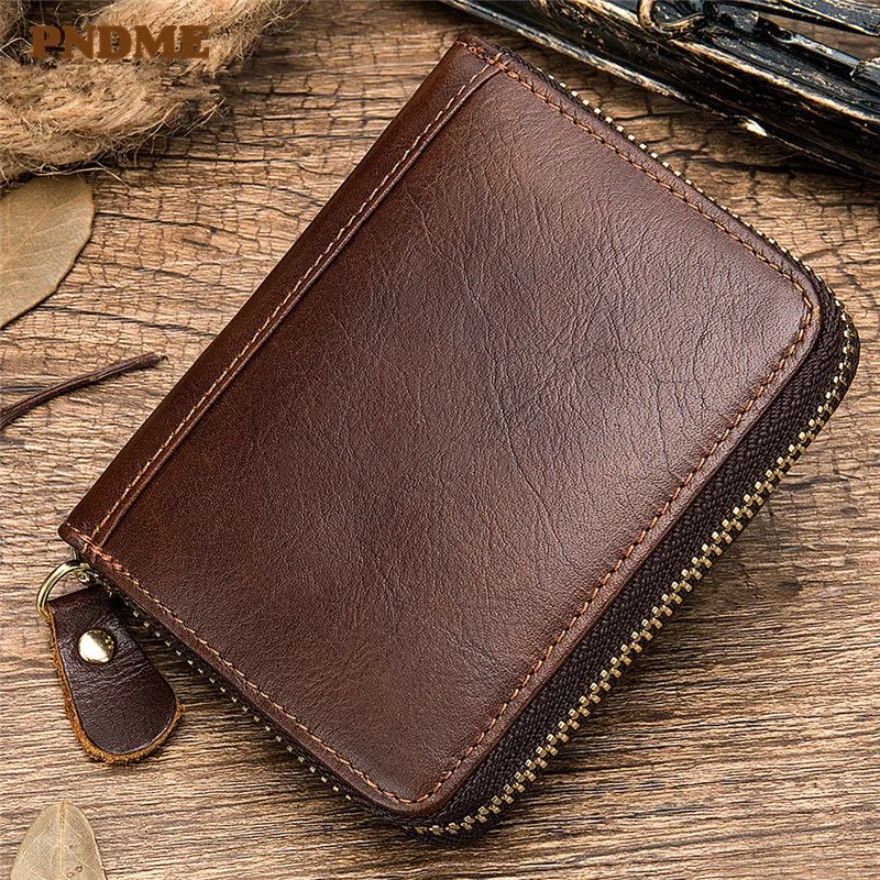 

PNDME high quality retro simple genuine leather card bag simple soft top layer cowhide zipper credit card small coin purses