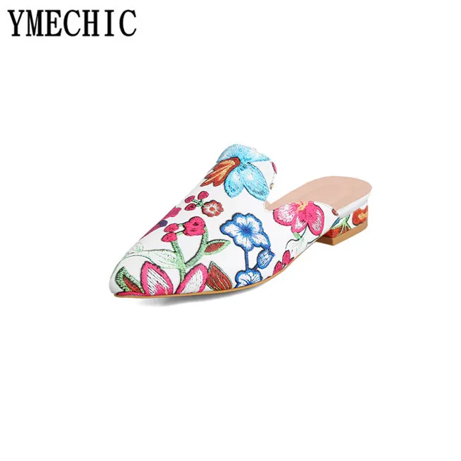 Женские туфли без задника YMECHIC модные с закрытым носком и цветочной вышивкой на