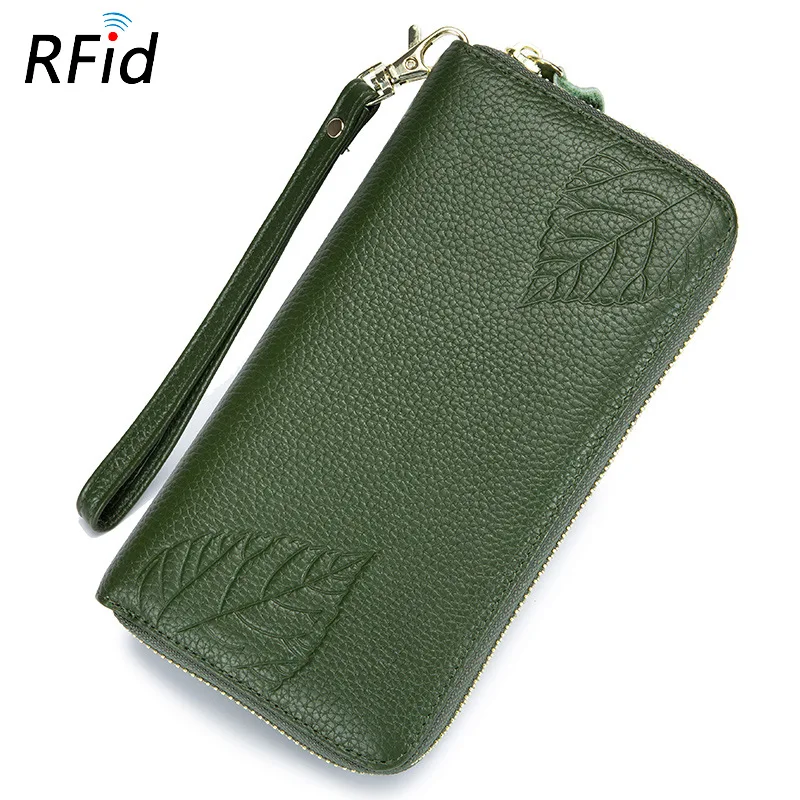 Зеленый женский длинный кошелек RFID из натуральной кожи, кошелек для карт, 6 дюймов, сумка для телефона, Женский Большой Вместительный клатч, кошелек, кредитный держатель для карт - Цвет: Зеленый