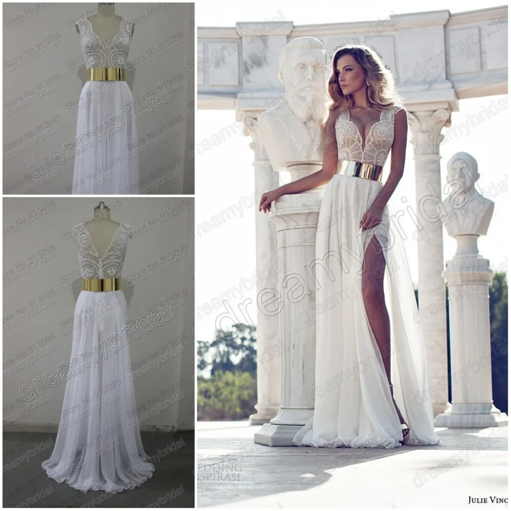 Dreamybridal Real Sample 2014 Deep V Neck Embroidery Beaded Gold