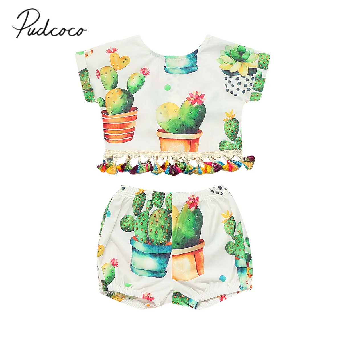 

2019 Baby Summer Clothing Newborn Baby Girl 0-18M Clothes Sets Tassel Cactus Short Sleeve Tops Crops Shorts 2PCS Outfits Sunsuit