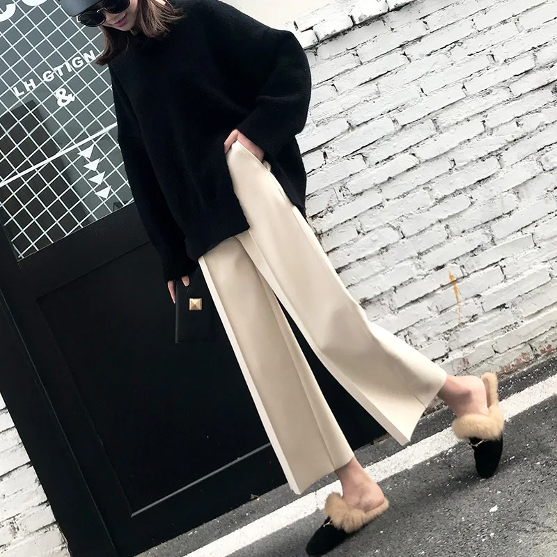 

Office Lady Ankle-Length Women Woolen Wide Leg Pants Flat Solid High Trousers Elastic Waist Wool Pants for Women