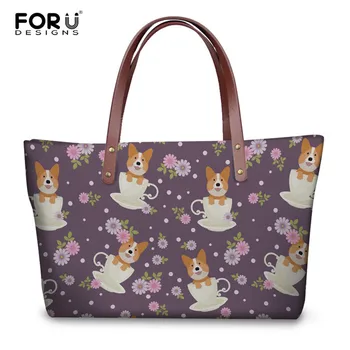 

FORUDESIGNS Handbags Cute Women Corgi Dachshund Cup Of Tea Design Top-handle Messenger Bags Female Cross-body Bag Shoulder Bag