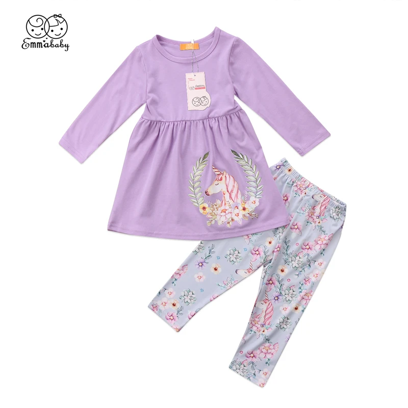 USA Toddler Kids Baby Girl Unicorn Long Sleeve Tops Dress Pants Outfits Clothes