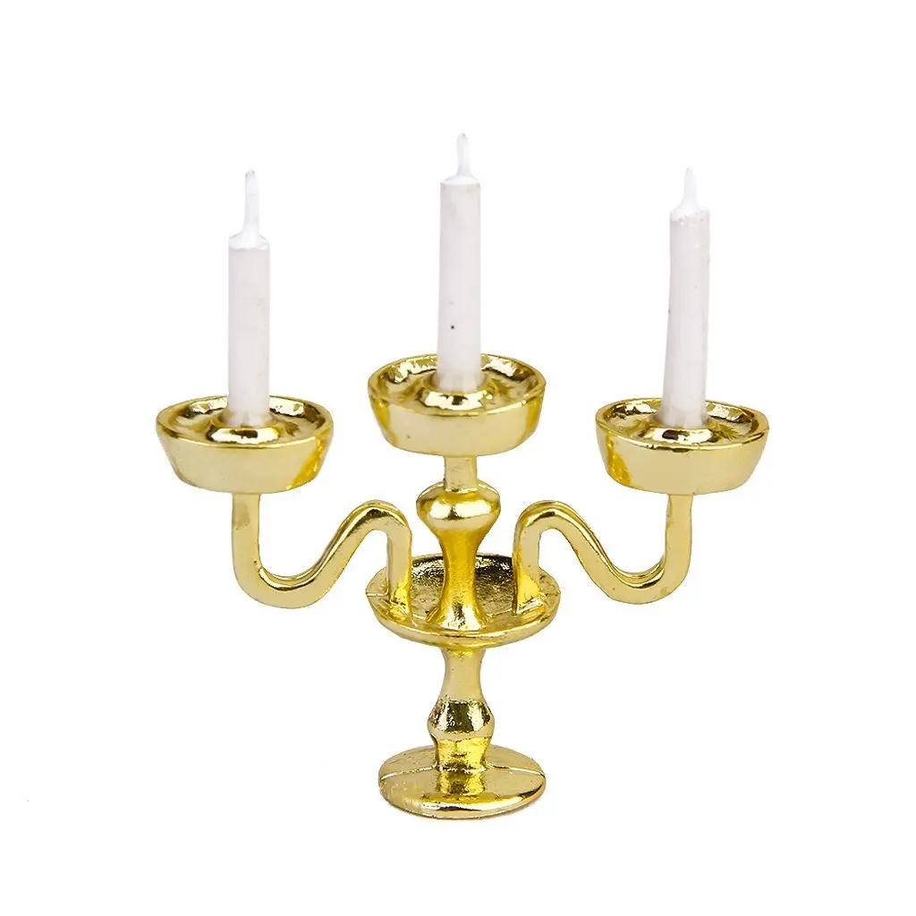 

Miniature Gold Candelabra 3 White Candles Dollhouse 1/12 Scale