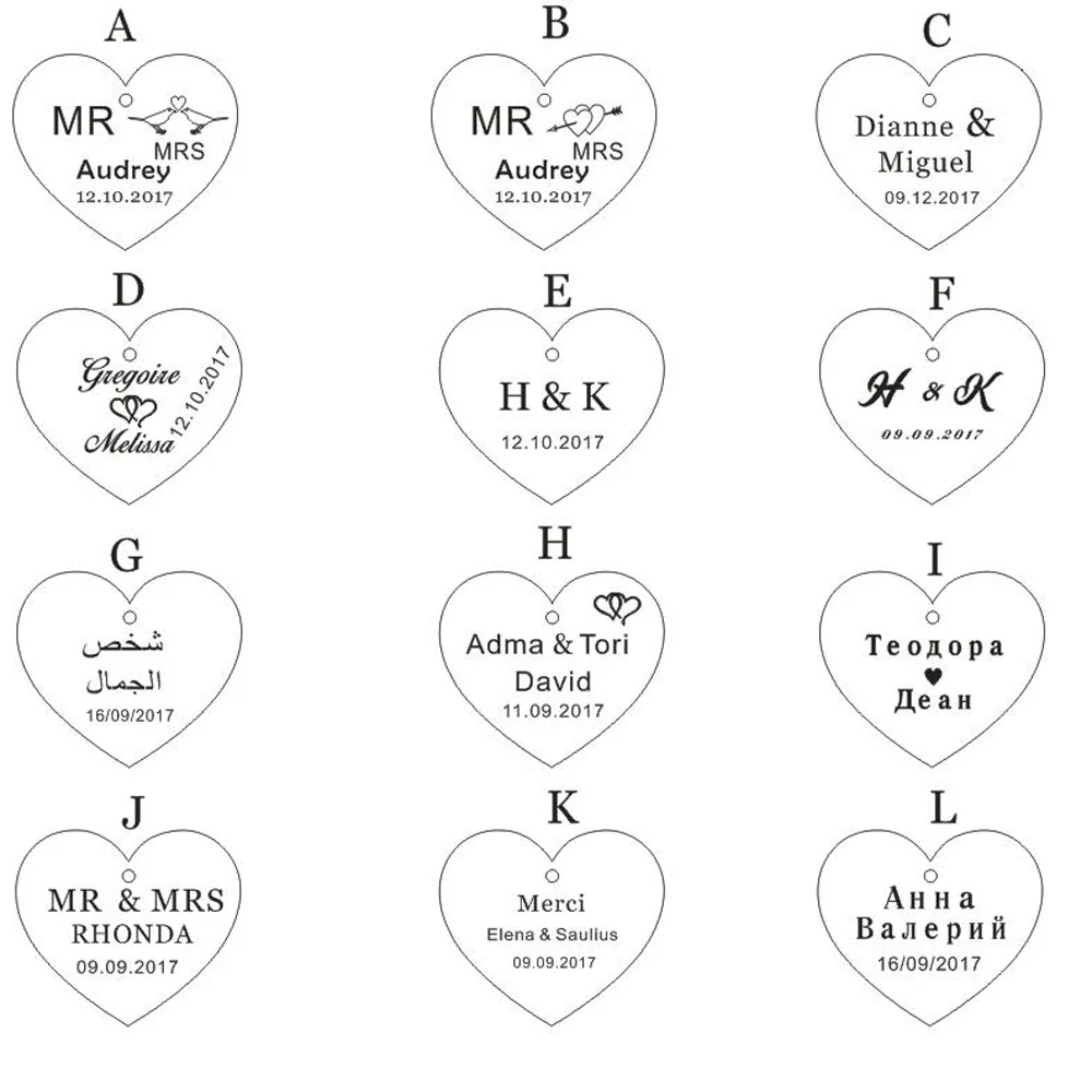 100 персонализированные выгравированные на заказ свадебные имя и Дата Любовь Сердце деревянные Свадебные центральные подарочные бирки+ джутовая струна конфетная бирка