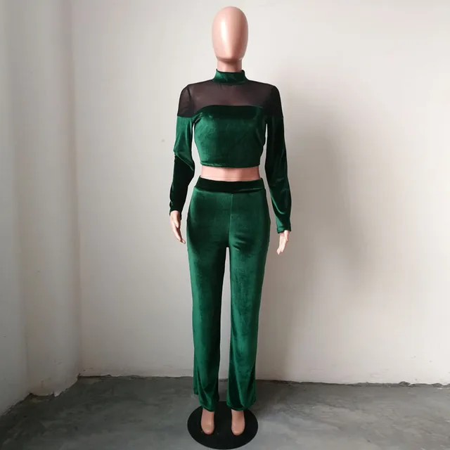 Female Set 2 Pieces Pants Velvet Patchwork Mesh Sweat Suits Women