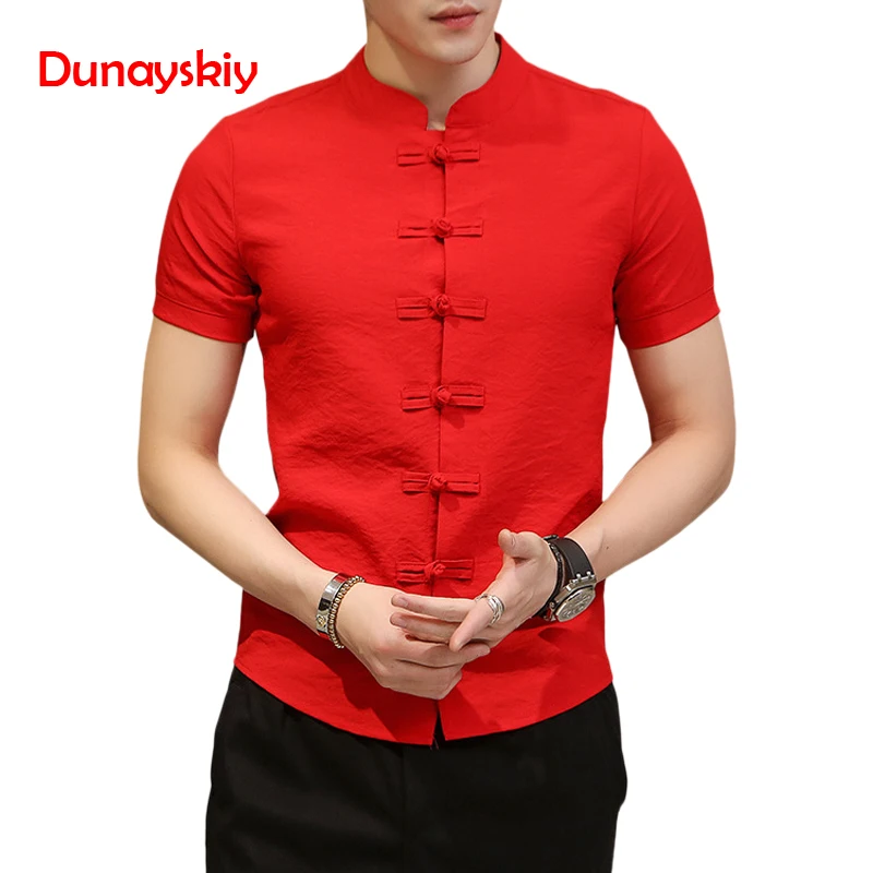 New 2019 Spring Mandarin Collar Casual Chinese Men Shirt Culture Short