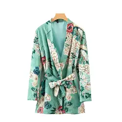 2018 модные Цветочный принт блейзеры пальто-кимоно стежка лук галстук пояса с длинным рукавом верхняя одежда из атласа женские пальто