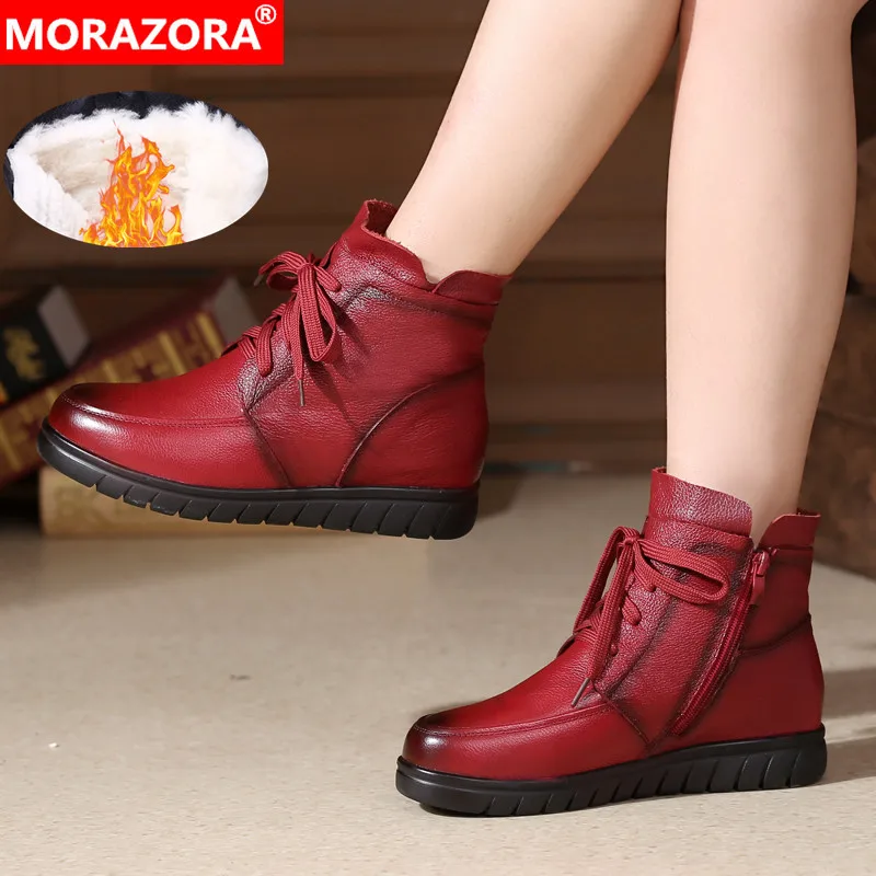MORAZORA hot sale soft leather Motorcycle Boots women lace up warm snow boots zip flat shoes ladies ankle boots winter