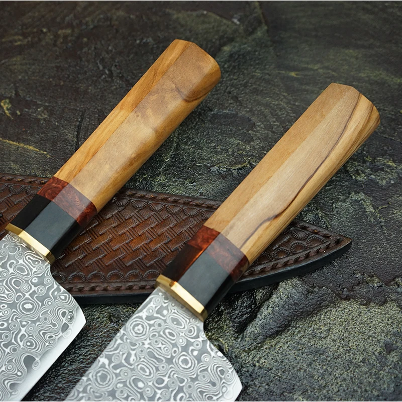 FZIZUO дамасский стальной нож шеф-повара японские ножи Santoku оливковая деревянная ручка кухонные инструменты для приготовления пищи с кожаной оболочкой ручной работы