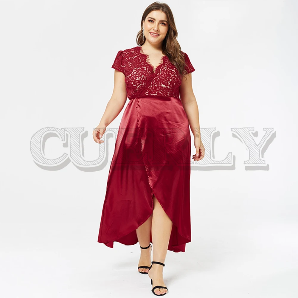 

CUERLY Sexy satin plus size women dress V neck sashes lace split female dresses Vintage summer party long maxi vestidos 2019
